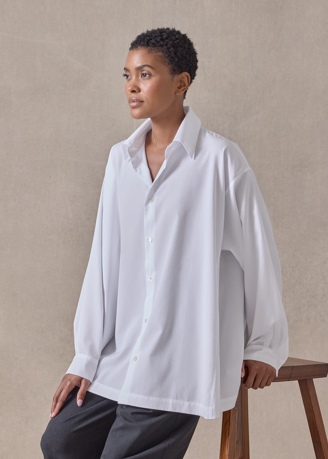cotton poplin side panelled shirt with collar - long (white)