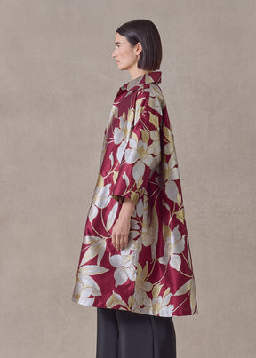 silk mix sloped shoulder wide aline jacket with collar-3/4length (red)