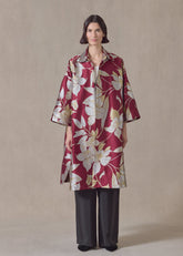 silk mix sloped shoulder wide aline jacket with collar-3/4length (red)