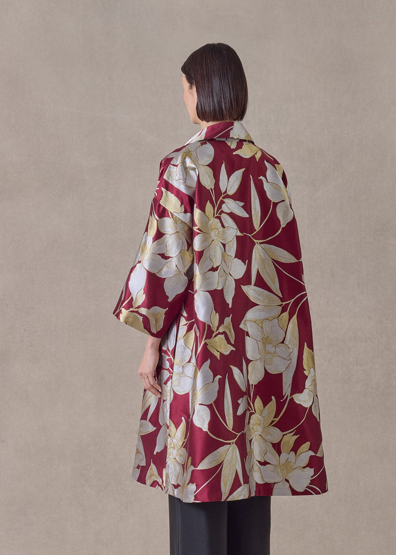 silk mix sloped shoulder wide aline jacket with collar-3/4length (red)