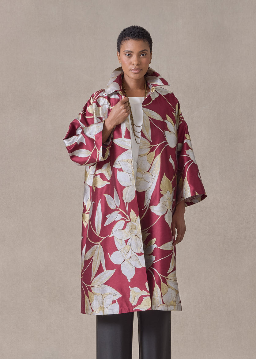 silk mix sloped shoulder wide aline jacket with collar-3/4length (red)