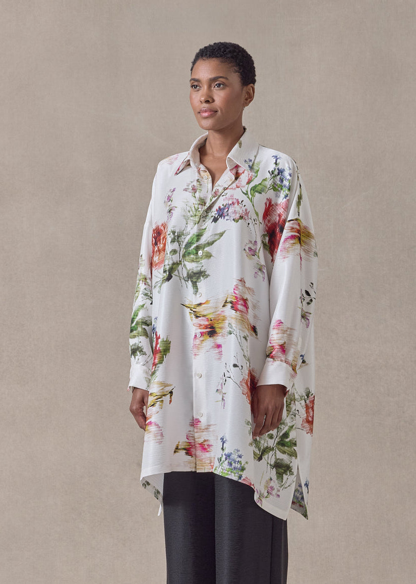 silk plissé wide a-line shirt with collar - long plus (whitemulti)
