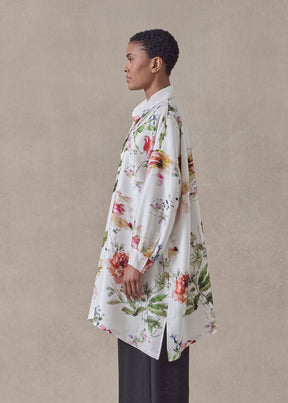silk plissé wide a-line shirt with collar - long plus (whitemulti)