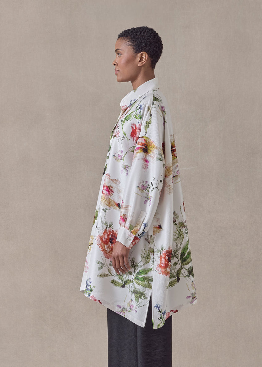 silk plissé wide a-line shirt with collar - long plus (whitemulti)
