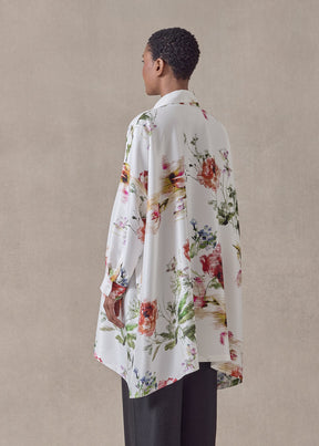 silk plissé wide a-line shirt with collar - long plus (whitemulti)