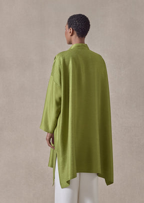 midweight silk plissé wide a-line collarless shirt - very long with slits  (limedark)