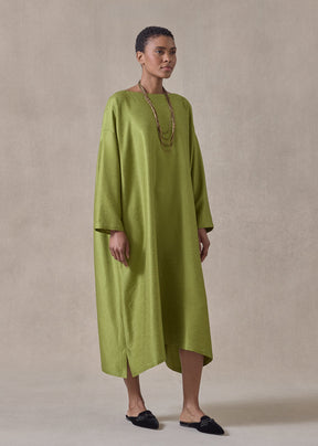 midweight silk plissé wide a-line scoop neck dress (limedark)