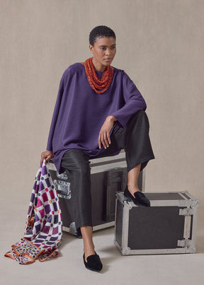 midweight silk plissé wide a-line scoop neck top - long (tincture)