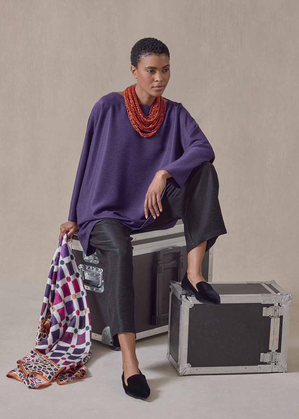 midweight silk plissé wide a-line scoop neck top - long (tincture)