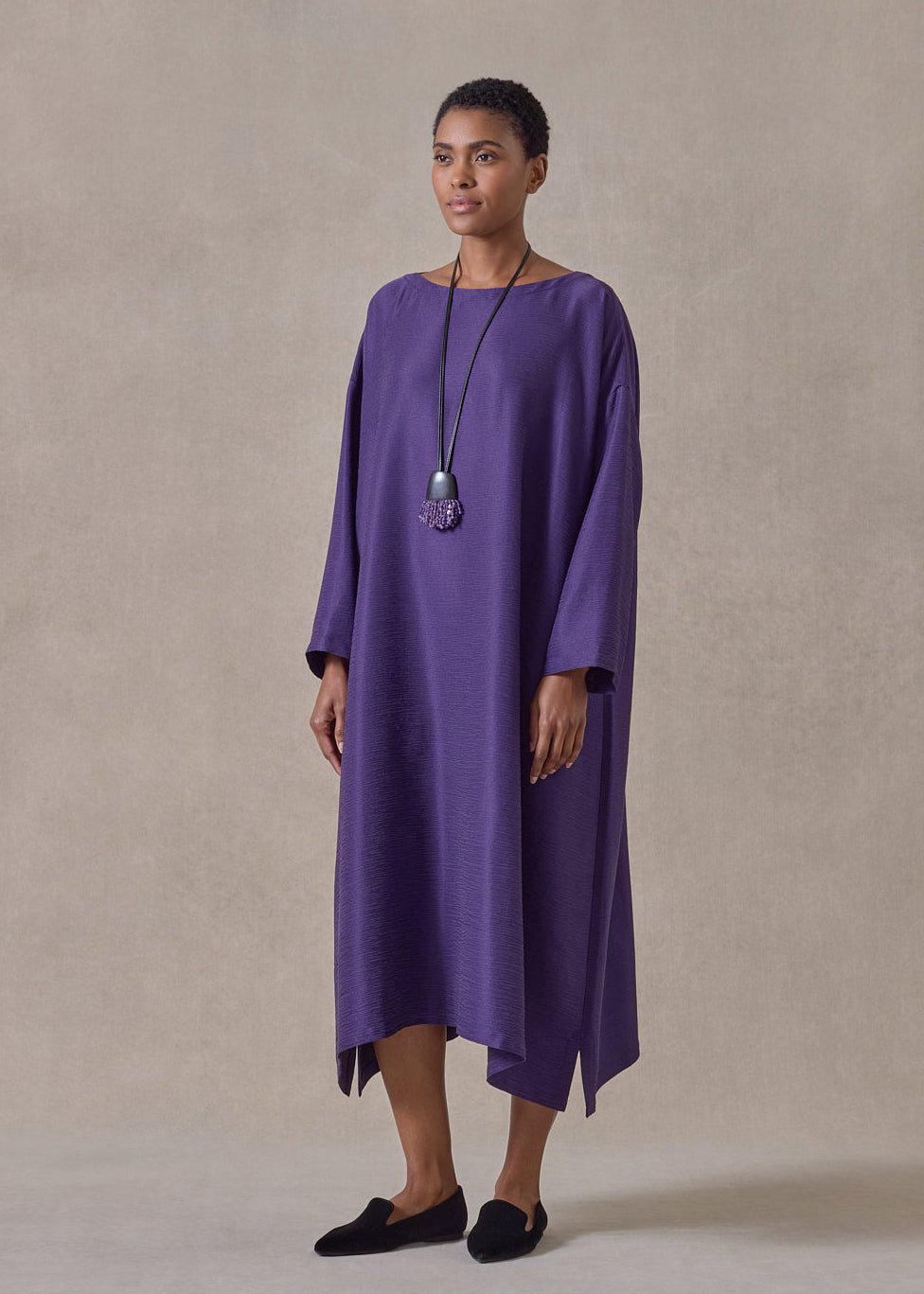 midweight silk plissé wide a-line scoop neck dress (tincture)