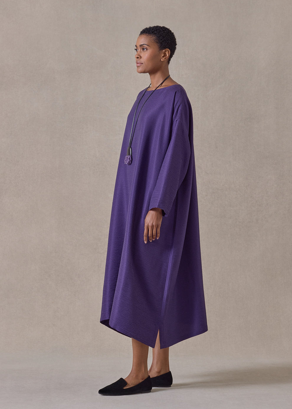midweight silk plissé wide a-line scoop neck dress (tincture)