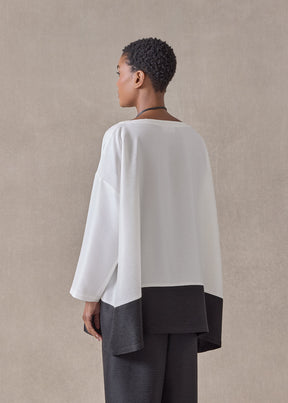midweight silk plissé wide a-line scoop neck top - long (white/black)