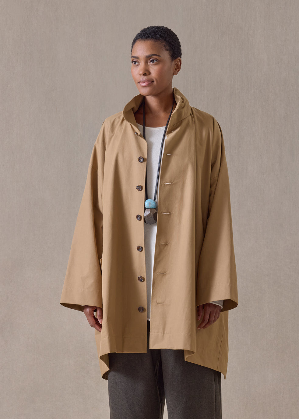 cotton mix smaller front larger back high neck raincoat with button away hood - long plus (camel)