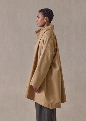 cotton mix smaller front larger back high neck raincoat with button away hood - long plus (camel)