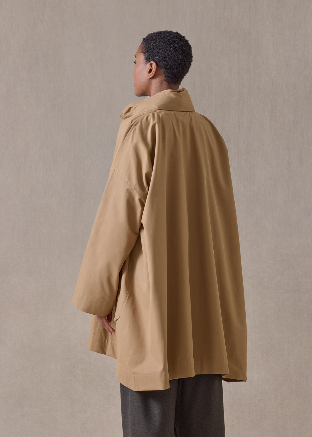 cotton mix smaller front larger back high neck raincoat with button away hood - long plus (camel)