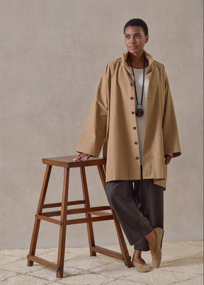 cotton mix smaller front larger back high neck raincoat with button away hood - long plus (camel)