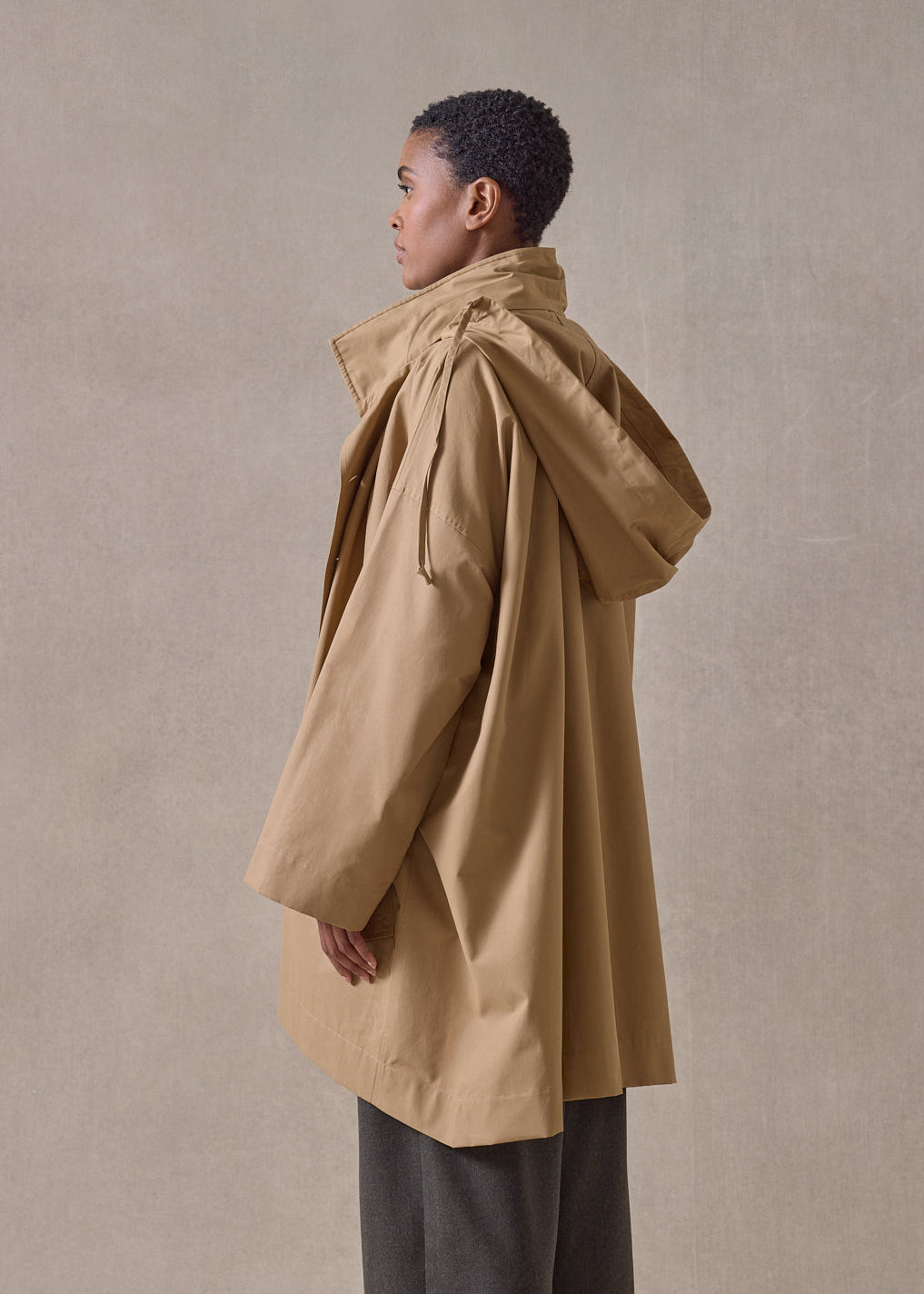cotton mix smaller front larger back high neck raincoat with button away hood - long plus (camel)