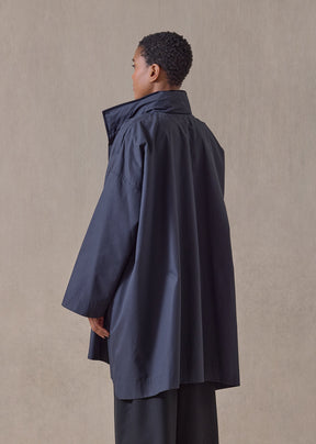 cotton mix smaller front larger back high neck raincoat with button away hood - long plus (navydark)