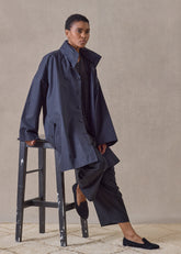 cotton mix smaller front larger back high neck raincoat with button away hood - long plus (navydark)