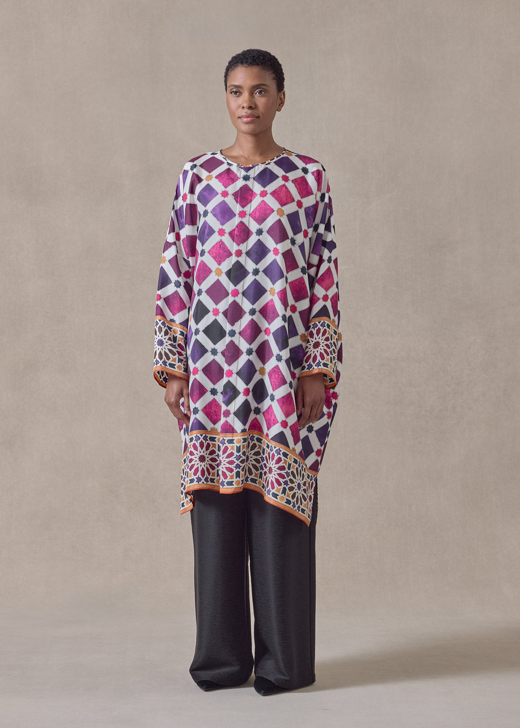 'Alhambra Tile' - silk wide bound neck shirt - very long with slits (tincture)