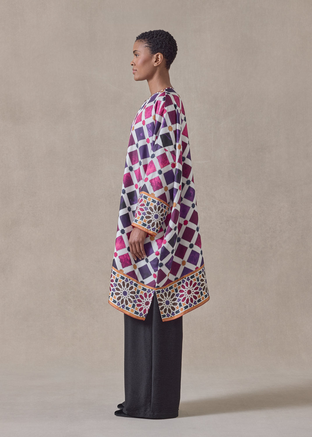 'Alhambra Tile' - silk wide bound neck shirt - very long with slits (tincture)