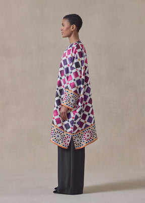 'Alhambra Tile' - silk wide bound neck shirt - very long with slits (tincture)