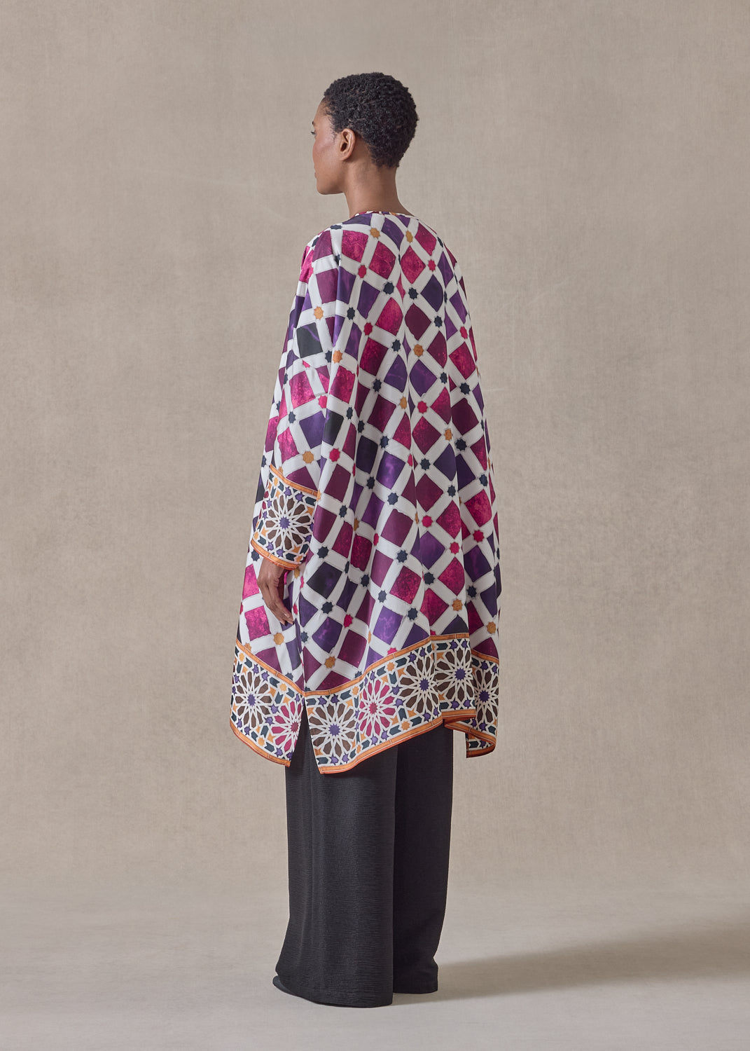 'Alhambra Tile' - silk wide bound neck shirt - very long with slits (tincture)