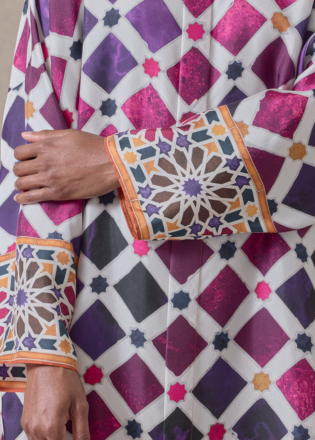 'Alhambra Tile' - silk wide bound neck shirt - very long with slits (tincture)