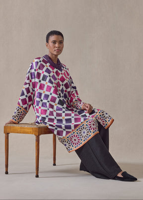 'Alhambra Tile' - silk wide bound neck shirt - very long with slits (tincture)