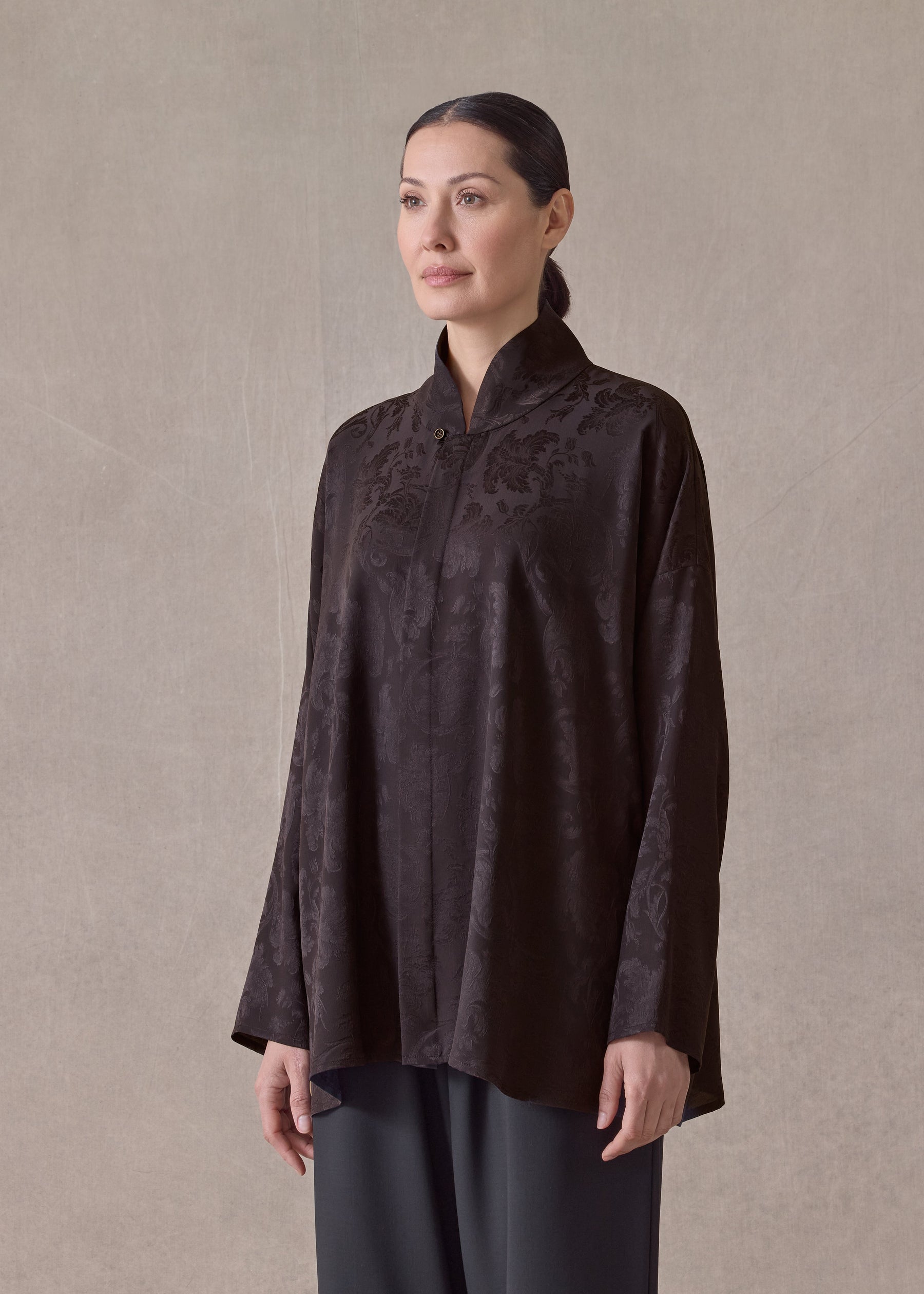 silk wide a-line chinese shirt with chinese collar - long (espresso)