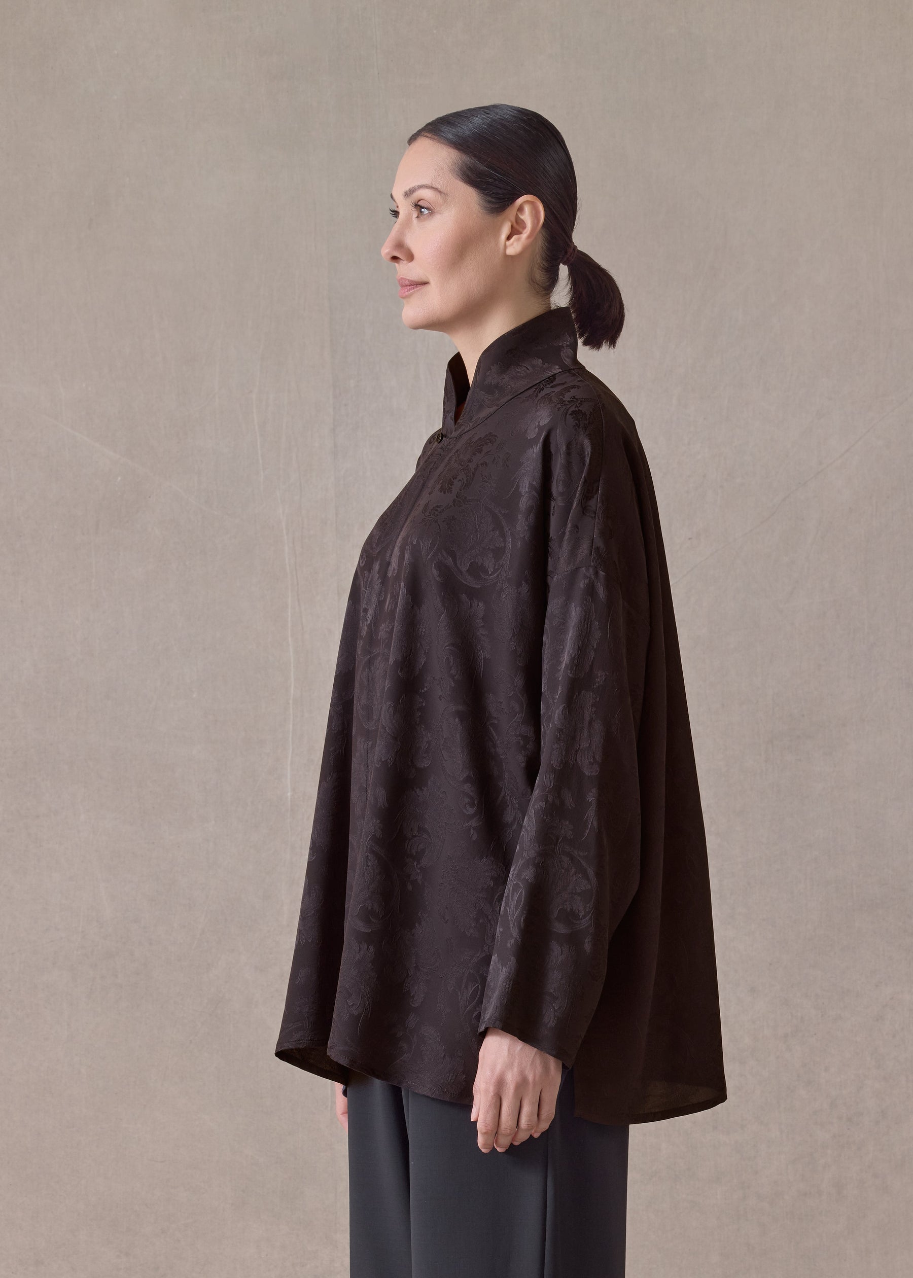 silk wide a-line chinese shirt with chinese collar - long (espresso)