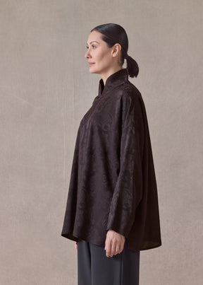 silk wide a-line chinese shirt with chinese collar - long (espresso)
