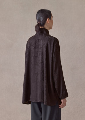 silk wide a-line chinese shirt with chinese collar - long (espresso)