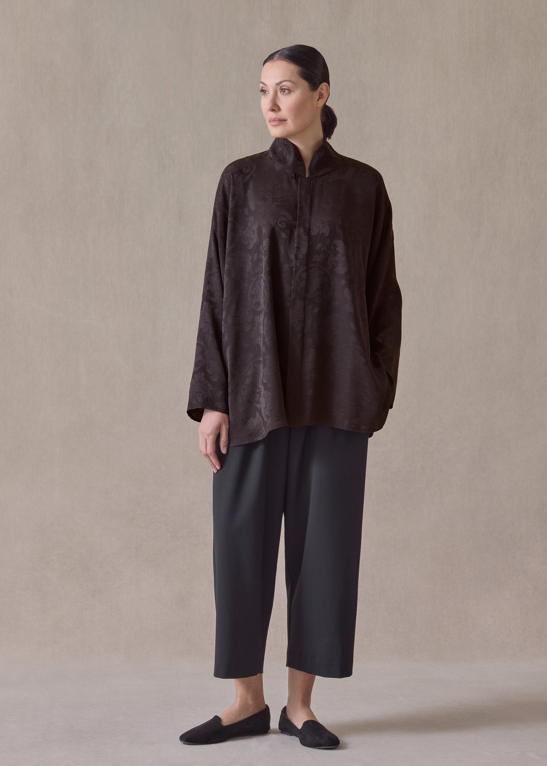 silk wide a-line chinese shirt with chinese collar - long (espresso)