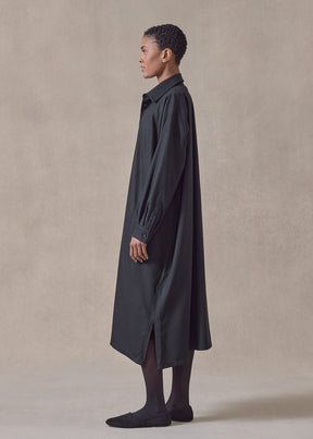 wool cashmere wide a-line shirt dress with collar (black)