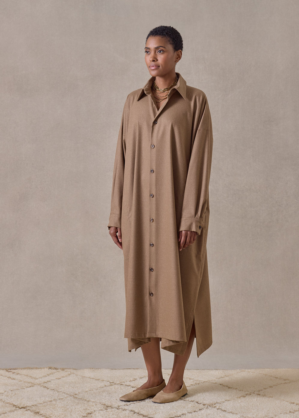 wool cashmere wide a-line shirt dress with collar  (camel)
