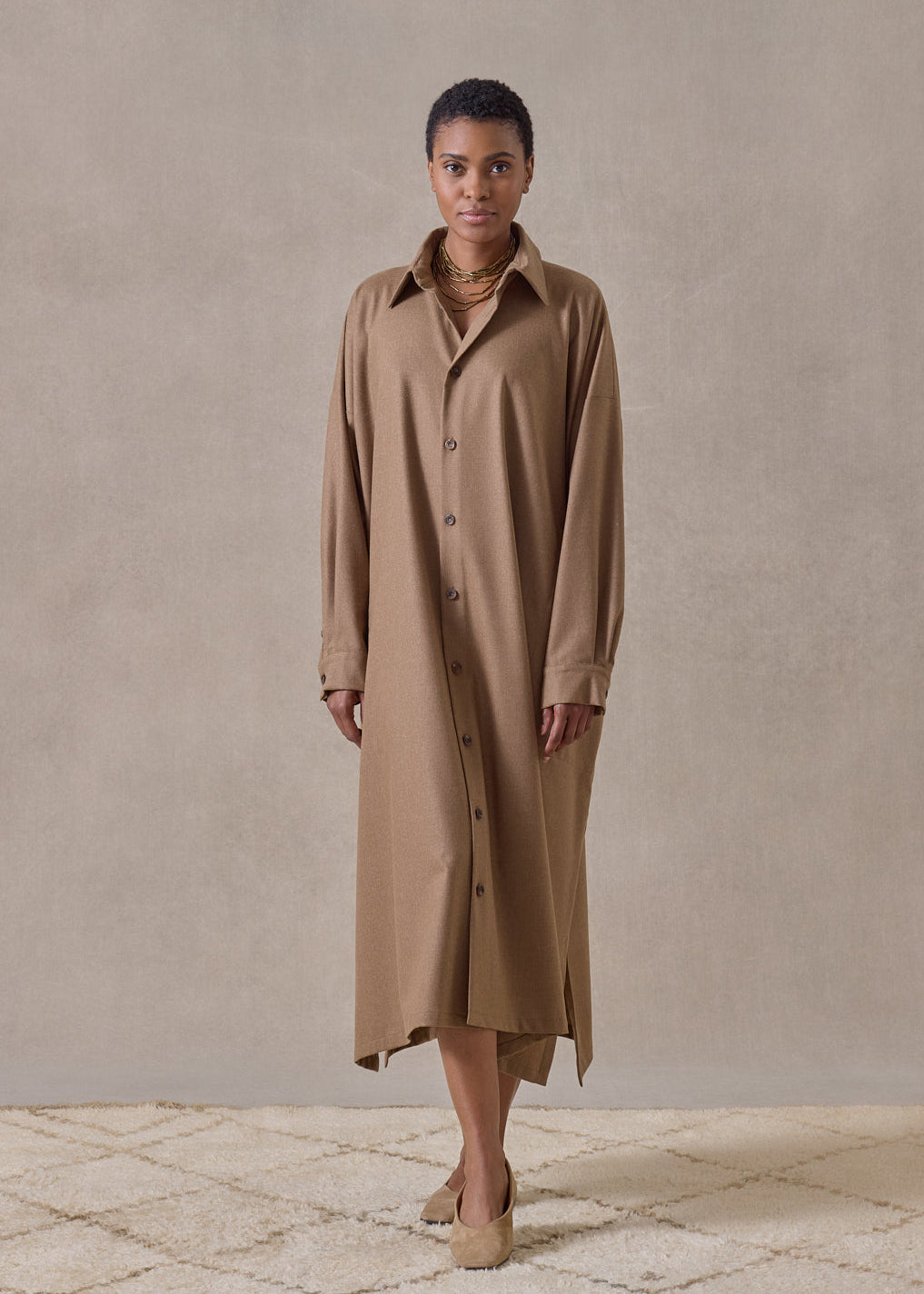wool cashmere wide a-line shirt dress with collar  (camel)