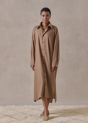 wool cashmere wide a-line shirt dress with collar  (camel)