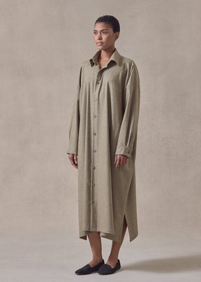 wool cashmere wide a-line shirt dress with collar (greensand)