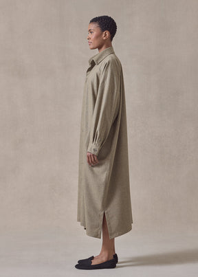 wool cashmere wide a-line shirt dress with collar (greensand)