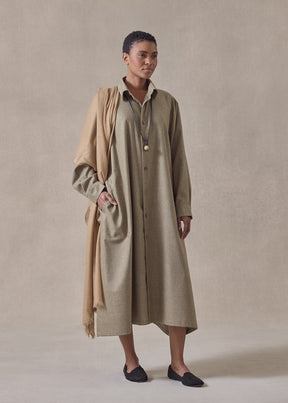 wool cashmere wide a-line shirt dress with collar (greensand)