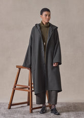 wool cashmere wide hooded buttoned coat - 3/4 length (blackloden)