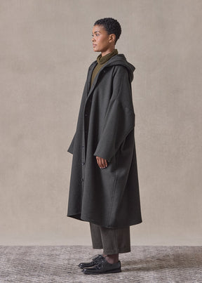wool cashmere wide hooded buttoned coat - 3/4 length (blackloden)