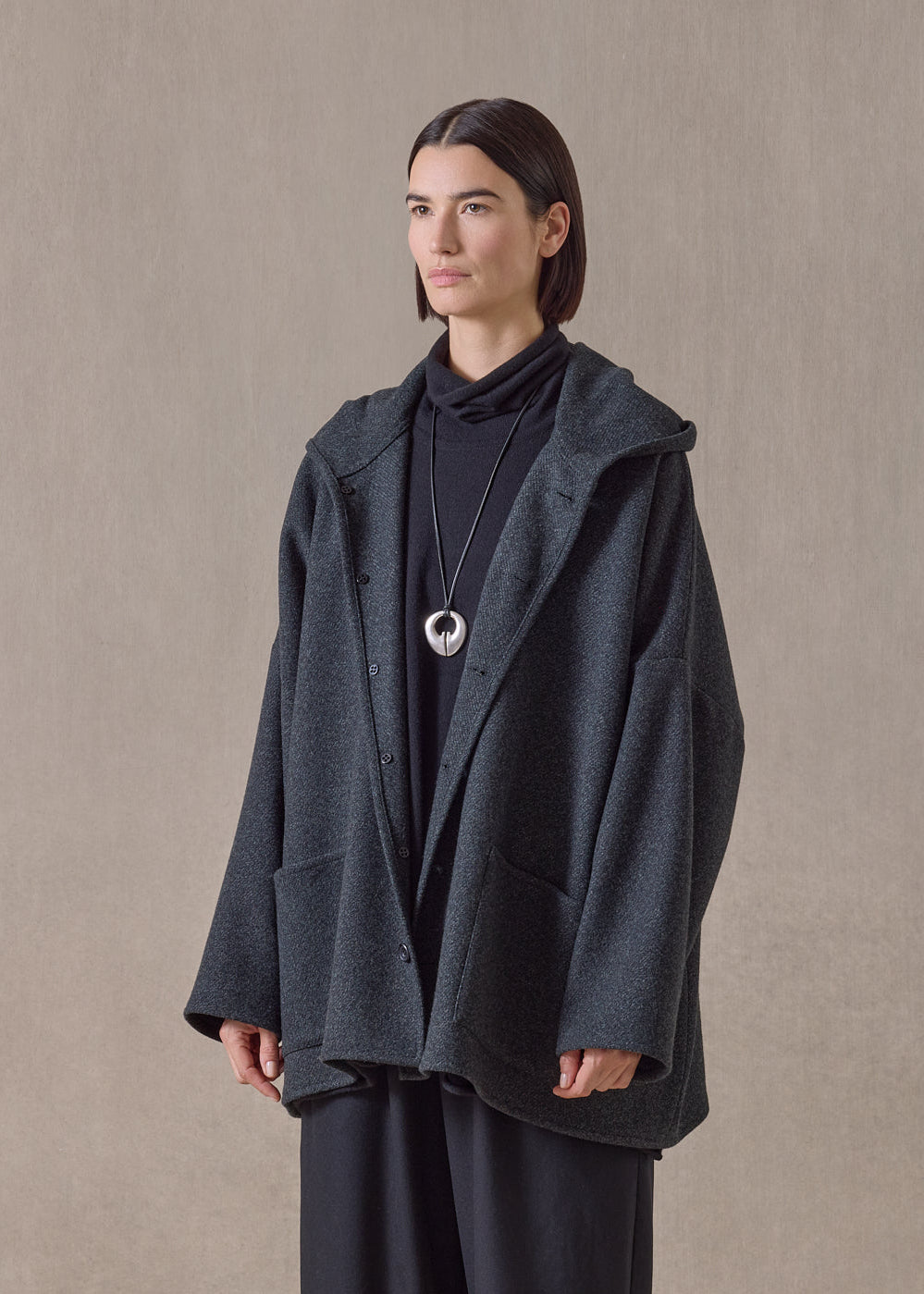 wool cashmere hooded coat - long (forestgrey)