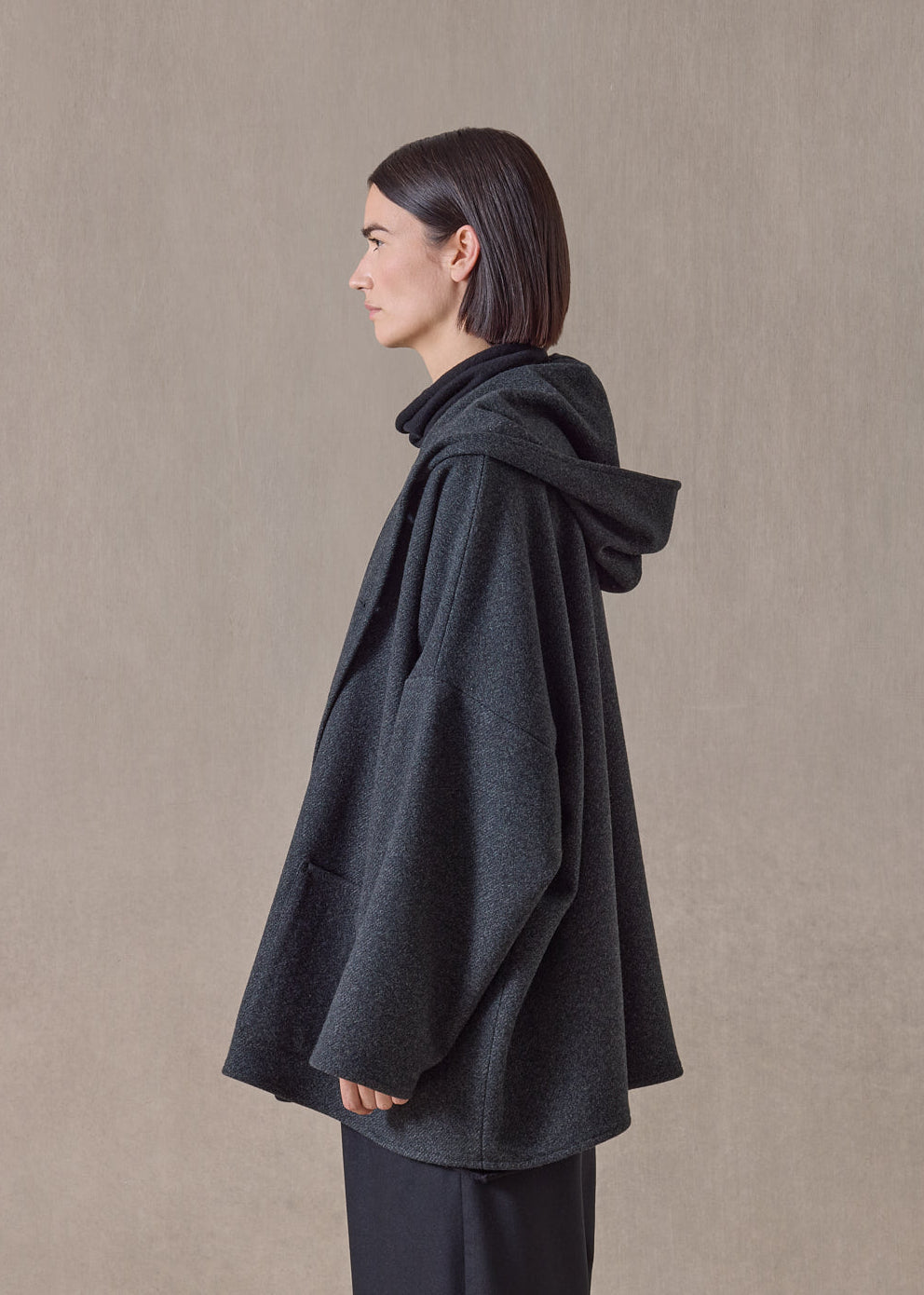 wool cashmere hooded coat - long (forestgrey)