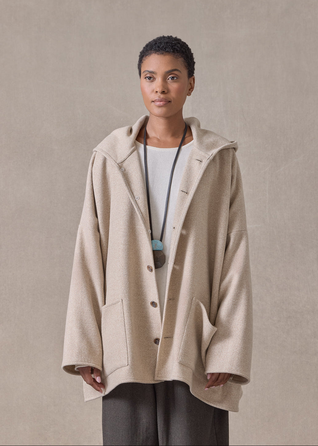 wool cashmere hooded coat - long (oatey)