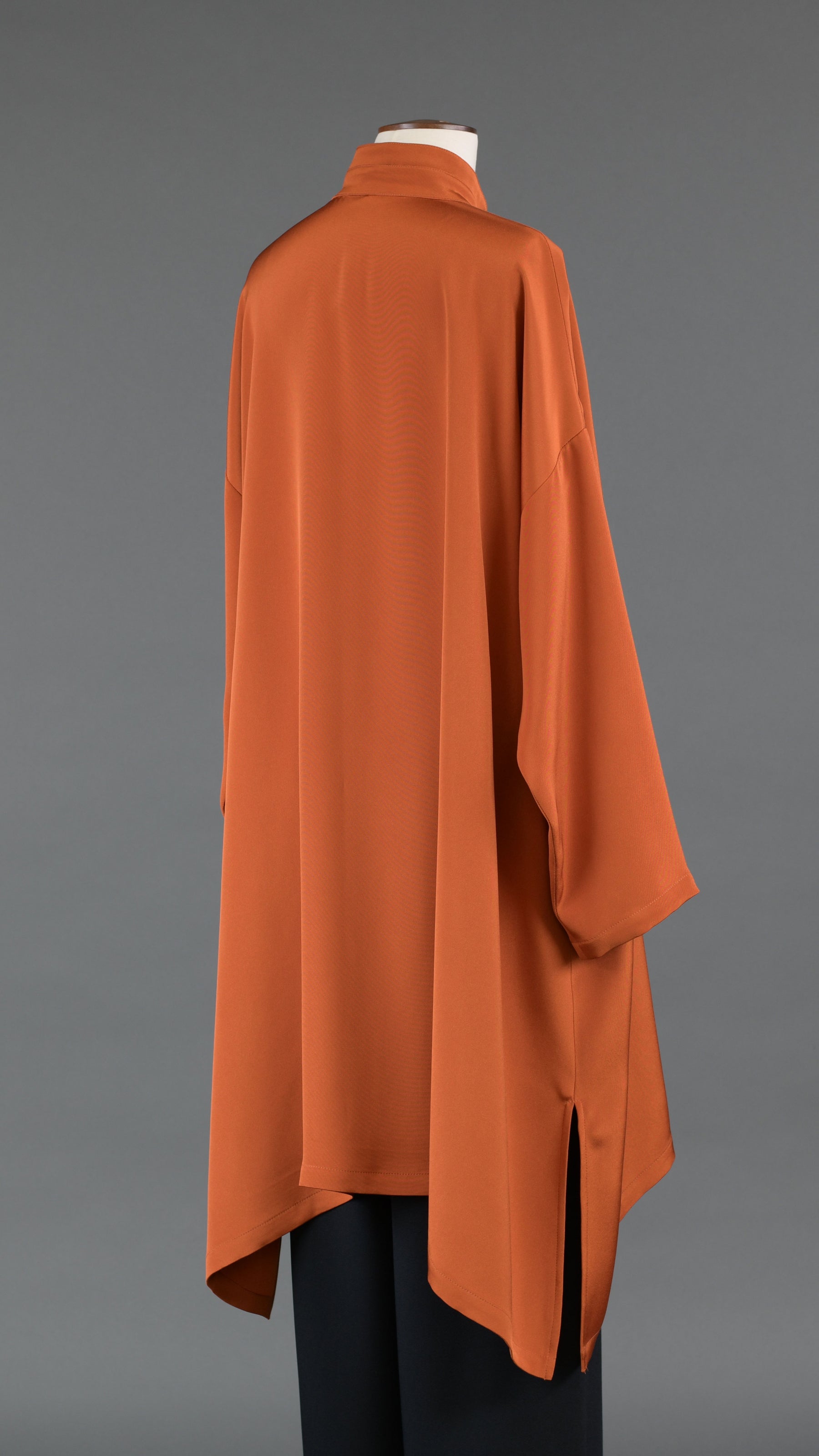 wide a-line double stand collar shirt - very long with slits in burntorange