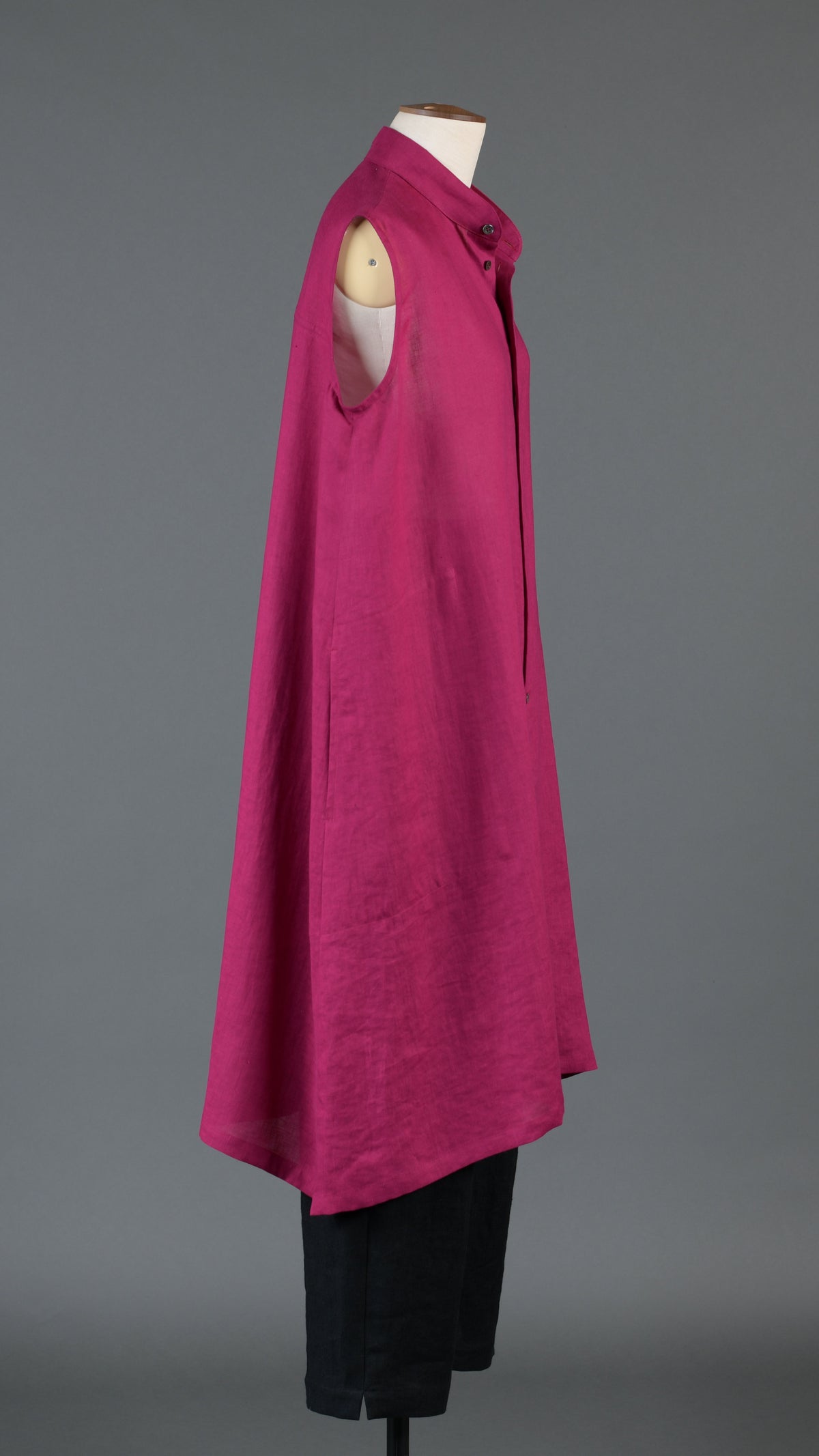 A-line collarless sleeveless shirt dress in magenta