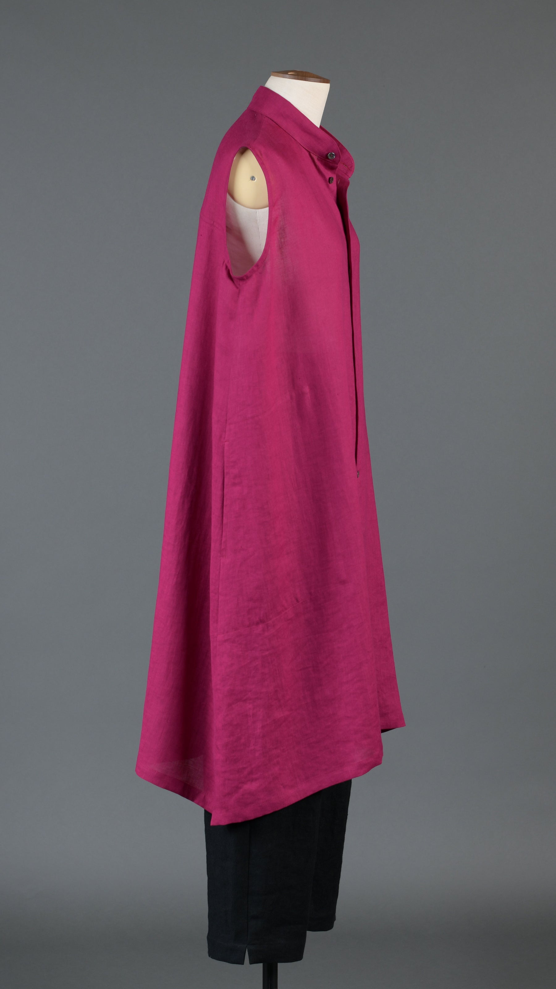A-line collarless sleeveless shirt dress in magenta
