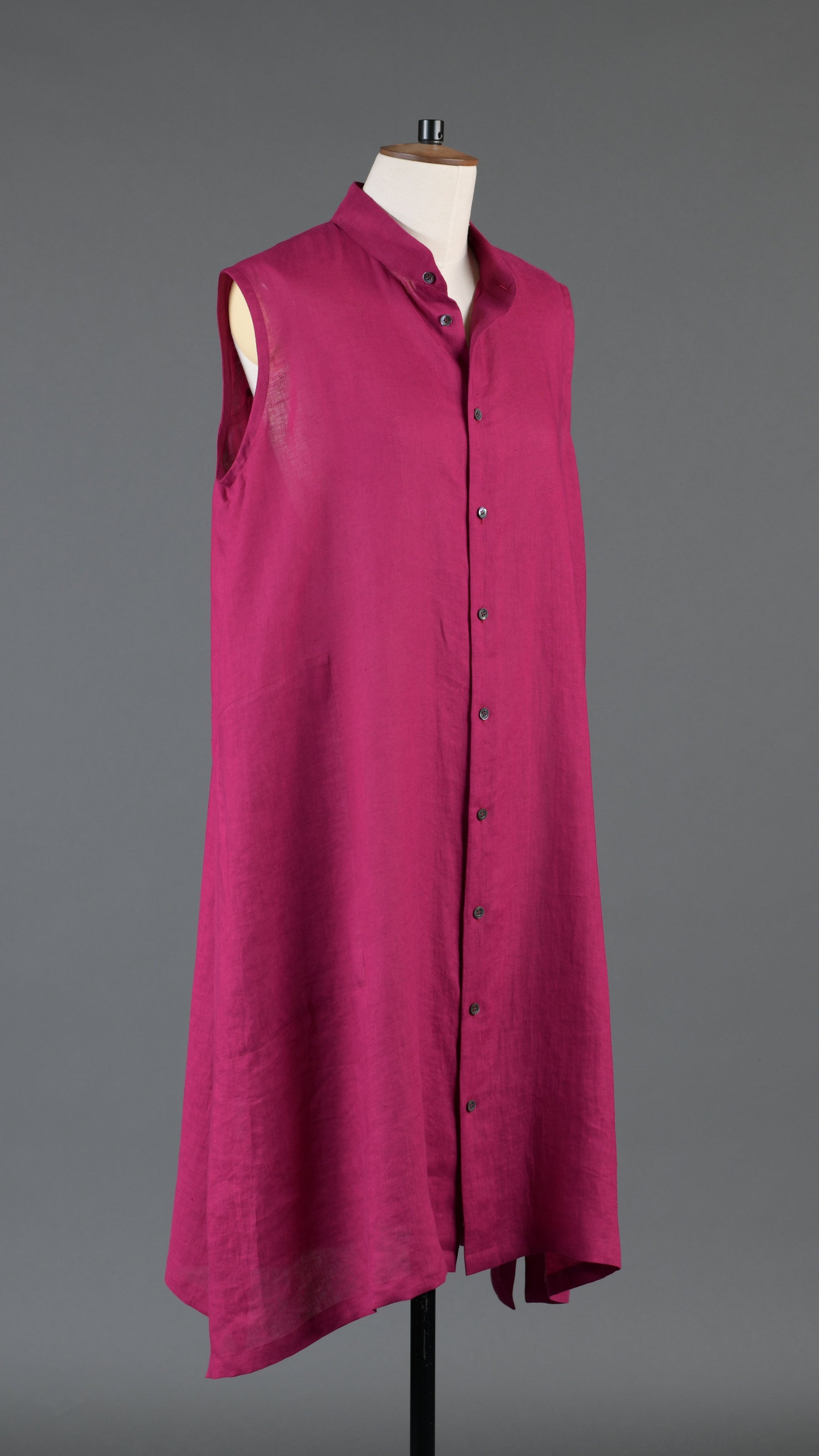 A-line collarless sleeveless shirt dress in magenta